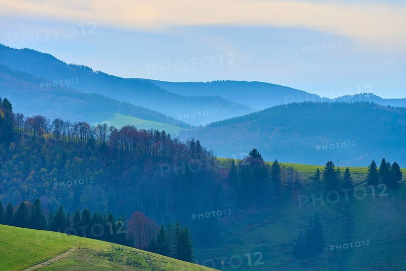 Mountain ranges and forests rise gently, Schauinsland, Freiburg im Breisgau, Black Forest, Baden-Württemberg, Germany