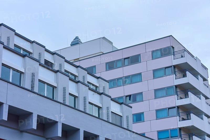 Modern building with blue and pink façade, Freiburg im Breisgau, Black Forest, Baden-Württemberg, Germany