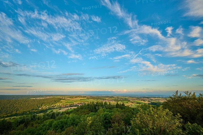 Panoramic view of a wide, green landscape under a blue sky, Katzenbuckel, Waldbrunn, Neckar-Odenwald-Kreis, Odenwald, Baden-Württemberg, Germany
