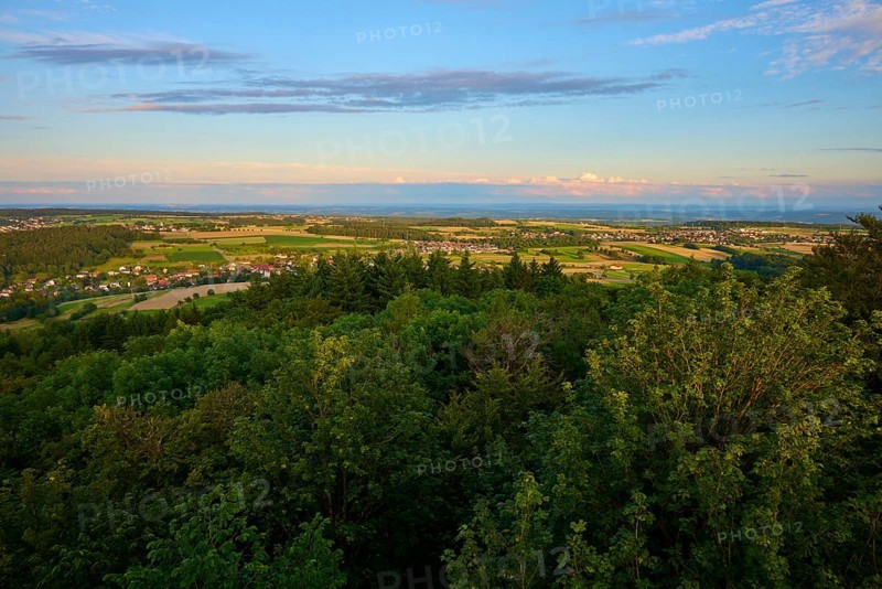 View over wooded hills and fields at sunrise, Katzenbuckel, Waldbrunn, Neckar-Odenwald-Kreis, Odenwald, Baden-Württemberg, Germany