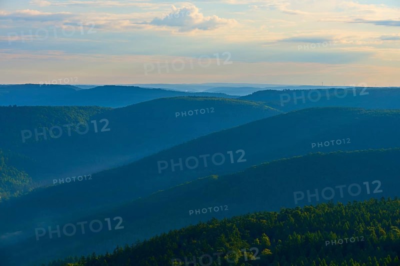 Wide mountain range at dusk, slightly illuminated sky and quiet forest, Katzenbuckel, Waldbrunn, Neckar-Odenwald-Kreis, Odenwald, Baden-Württemberg, Germany