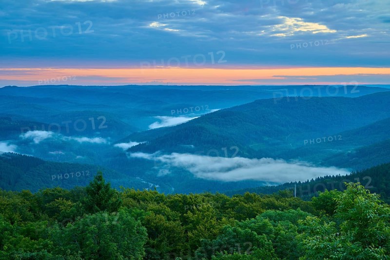 Quiet mountain landscape, fog and clouds in the valley, sunrise, Katzenbuckel, Waldbrunn, Neckar-Odenwald-Kreis, Odenwald, Baden-Württemberg, Germany