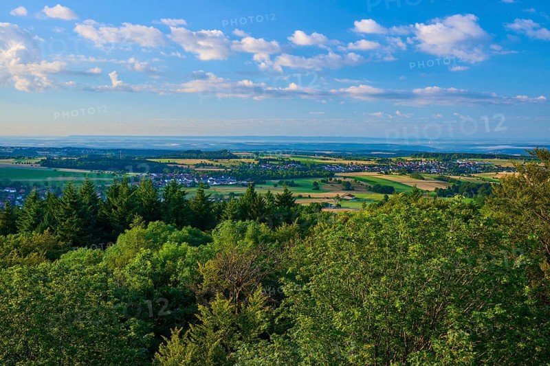 View over green trees and fields with clear sky and scattered clouds, Katzenbuckel, Waldbrunn, Neckar-Odenwald-Kreis, Odenwald, Baden-Württemberg, Germany