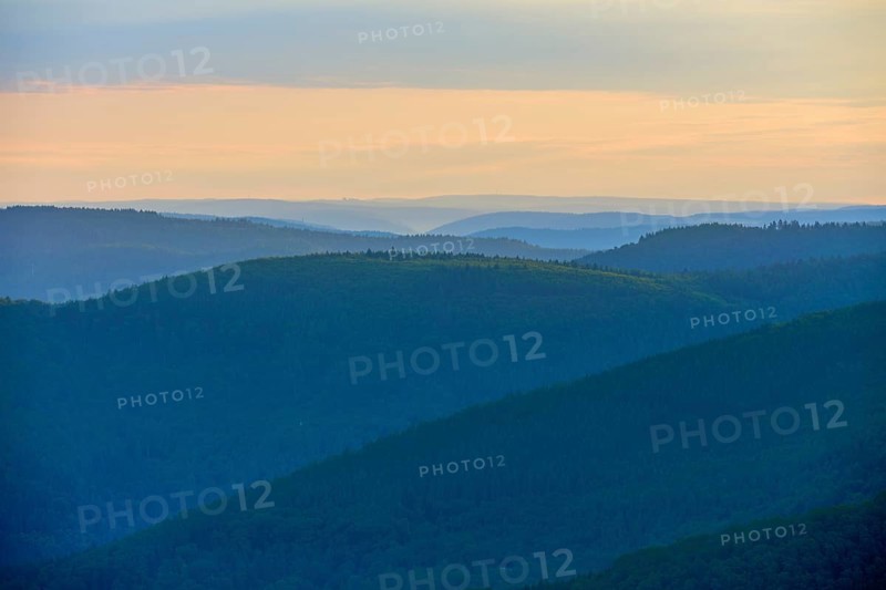Hills characterised by light and shadows at sunrise, peaceful atmosphere, Katzenbuckel, Waldbrunn, Neckar-Odenwald-Kreis, Odenwald, Baden-Württemberg, Germany
