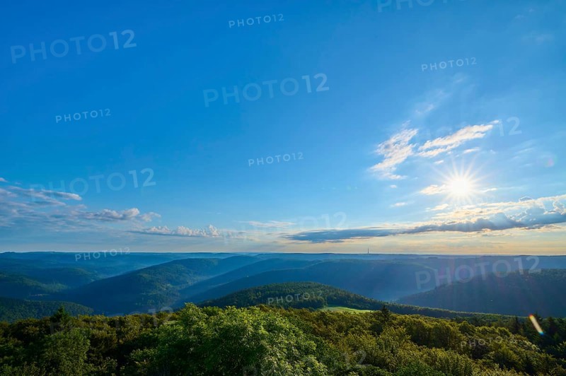 Clear morning sky over a vast landscape with only a few clouds, Katzenbuckel, Waldbrunn, Neckar-Odenwald-Kreis, Odenwald, Baden-Württemberg, Germany