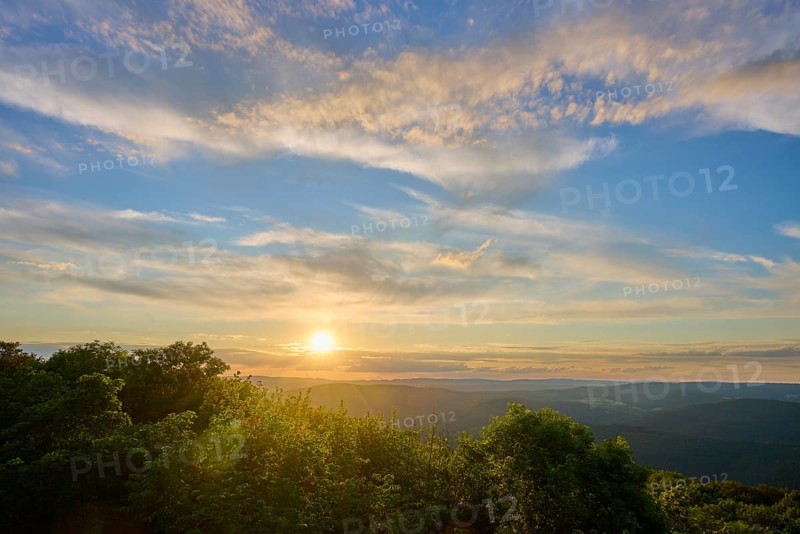 Peaceful landscape at sunset with wide views, Katzenbuckel, Waldbrunn, Neckar-Odenwald-Kreis, Odenwald, Baden-Württemberg, Germany