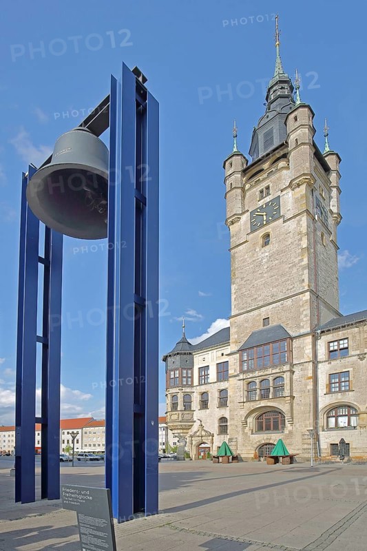 Town hall built in 1901 and peace bell created in 2000 as a monument and symbol of political change, revolution, 1989, GDR, German, tower, Dessau, Dessau-Roßlau, Saxony-Anhalt, Germany