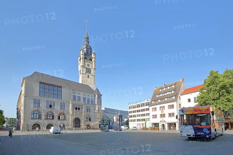 Town hall built in 1901 and omnibus, town hall square, tower, Dessau, Dessau-Roßlau, Saxony-Anhalt, Germany
