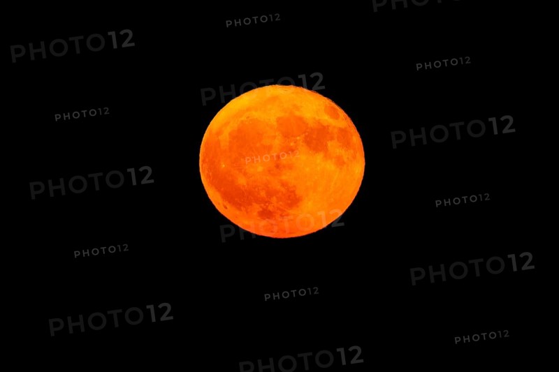 Intensely glowing orange full moon in the night sky, full moon, strawberry moon 2025, Vosges, France