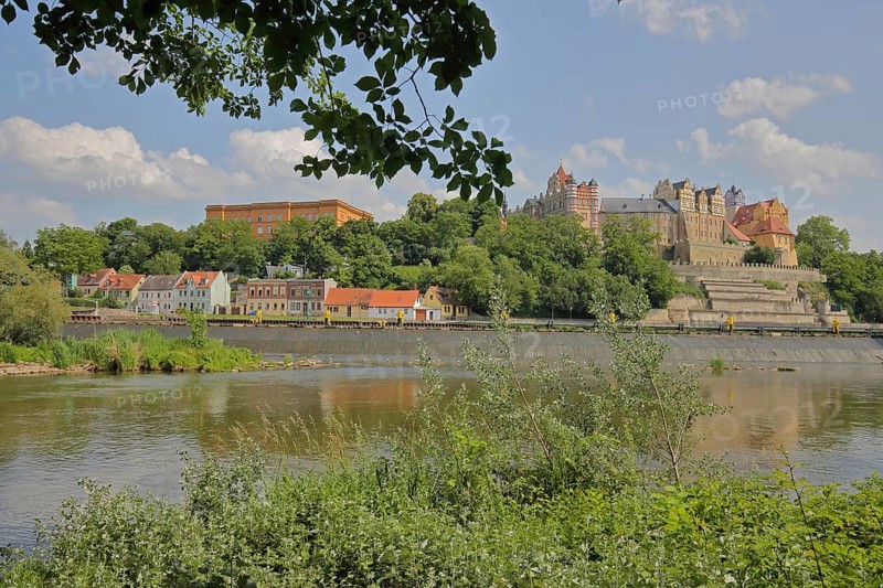 View of Carolinum castle and grammar school with river Saale, Renaissance, landmark, Saale valley, Bernburg, Saxony-Anhalt, Germany