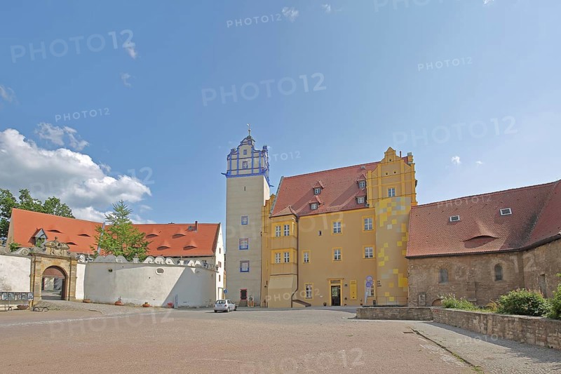 Renaissance castle with museum and Blue Tower, inner courtyard with archway, Bernburg, Saxony-Anhalt, Germany