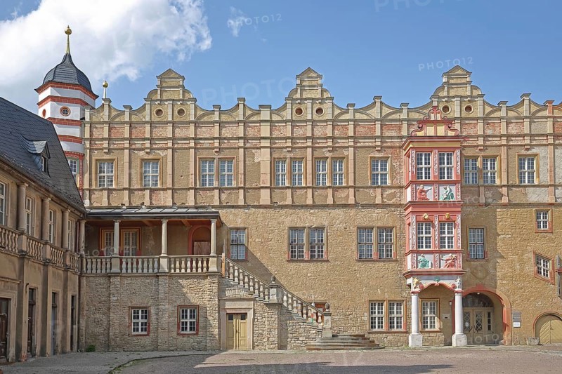 Wolfgangbau of the Renaissance castle, inner courtyard, ornaments, oriel, tail gable, Bernburg, Saxony-Anhalt, Germany