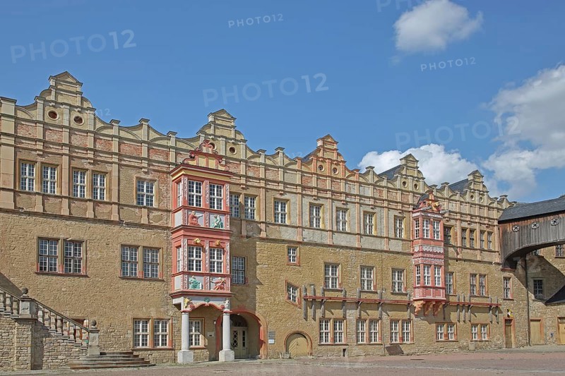 Wolfgangbau and Joachim Ernst building in the inner courtyard of the Renaissance castle, ornaments, oriels, tail gable, Bernburg, Saxony-Anhalt, Germany
