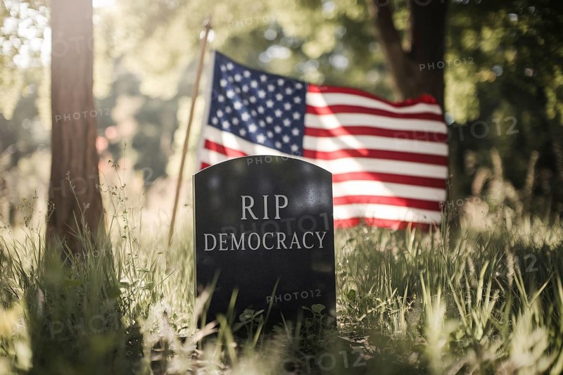 Tombstone with text RIP Democracy and USA flag in background.. Generative AI, AI generated