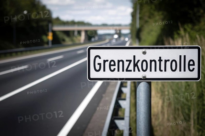 Road sign saying 'Grenzkontrolle' (border control) on side of street. Generative AI, AI generated