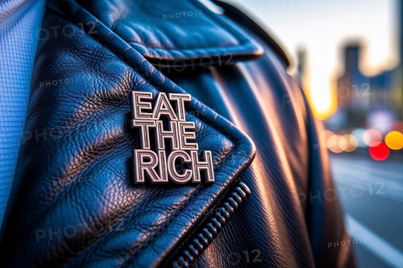 Political protest pin with eat the rich slogan attached to leather jacket symbolizing class struggle and anti-capitalist sentiment. Generative AI, AI generated