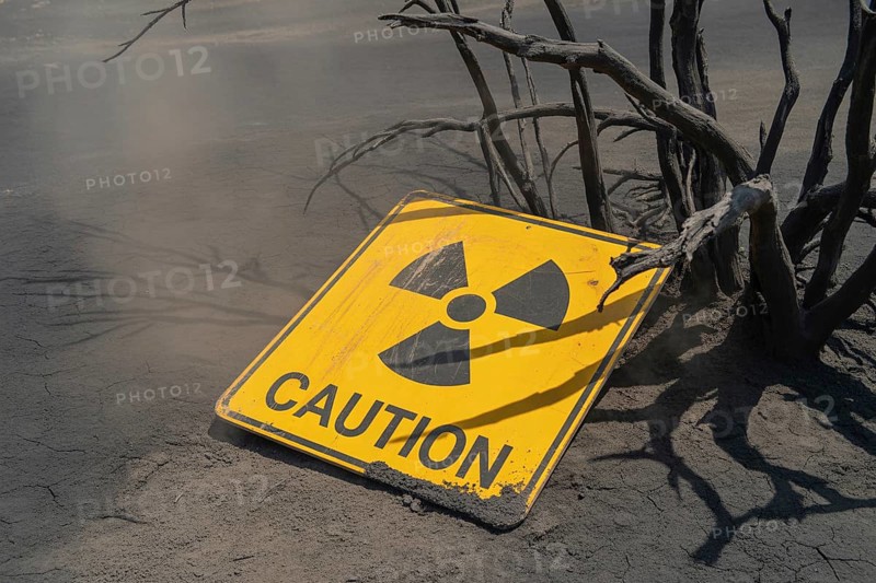 Faded radiation warning sign in scorched earth. Symbol of catastrophe and nuclear ruin. Generative ai, AI generated