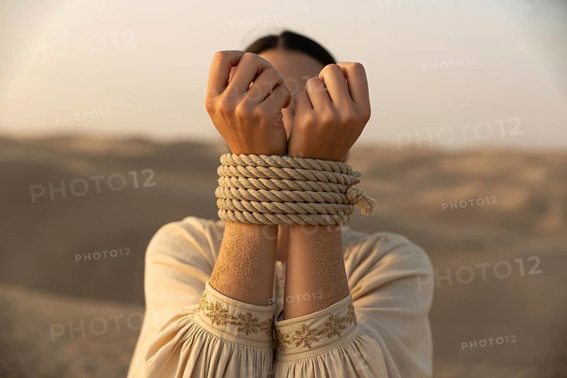 Bound hands in the desert. A cinematic portrait of restraint and resilience beneath a hazy sky. Generative ai, AI generated