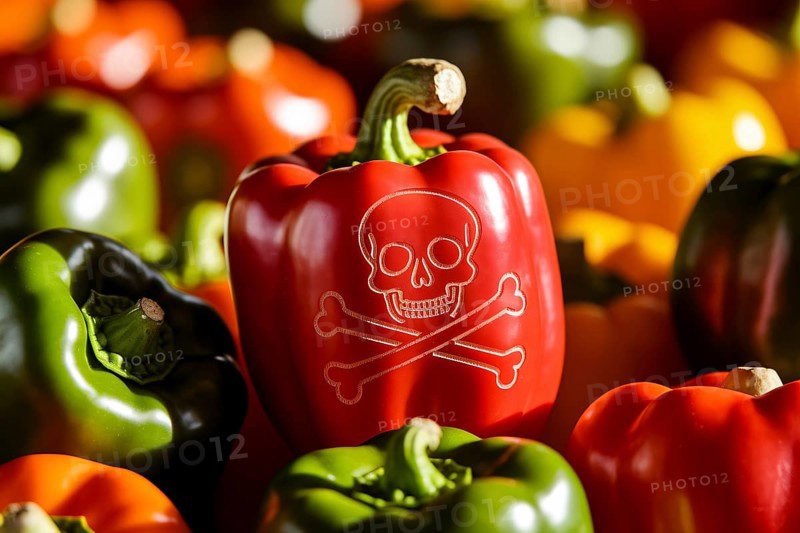 Skull Warning symbol carved into bell pepper reveals the hidden danger of pesticide exposure or other dangerous components. Generative ai, AI generated