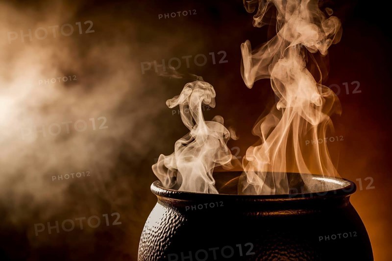 Witch cauldron with white smoke rising in dim light on dark background. Generative Ai, AI generated