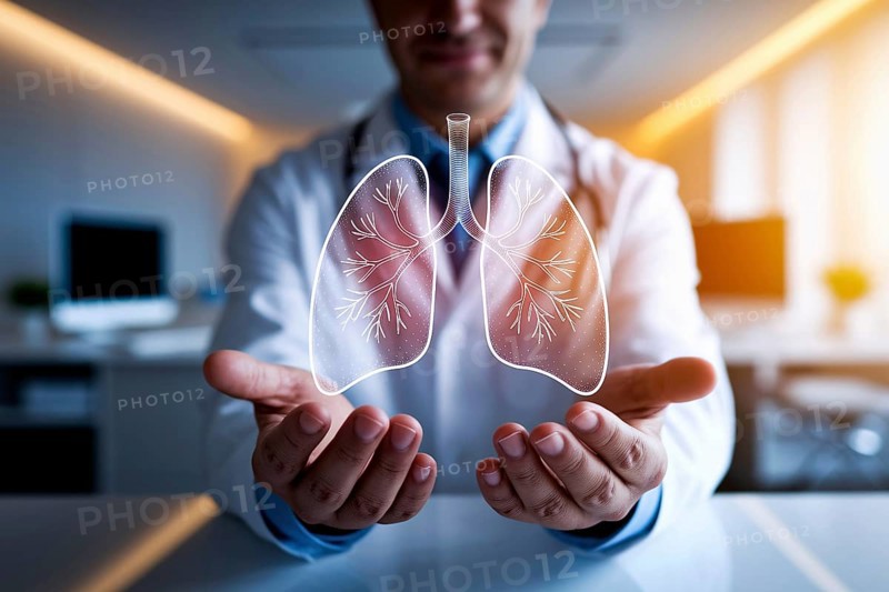 Doctor holding glowing virtual human lungs hologram in modern medical office. Generative ai, AI generated