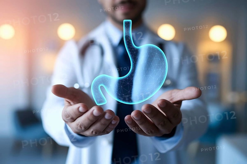 Doctor holding glowing virtual human stomach in warm-lit clinic, symbolizing advanced gastrointestinal care in medicine. Generative AI, AI generated