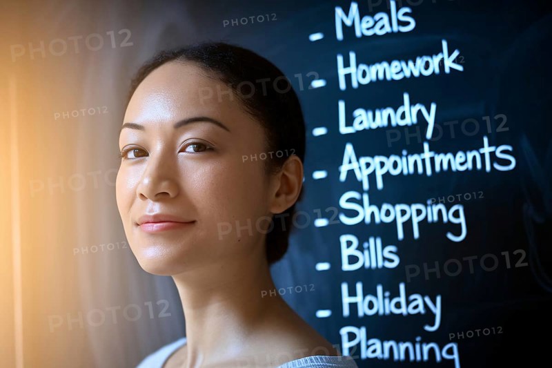 Woman in warm light with task-filled blackboard. Concept of mental load, emotional labor, and invisible domestic responsibilities. Generative AI, AI generated