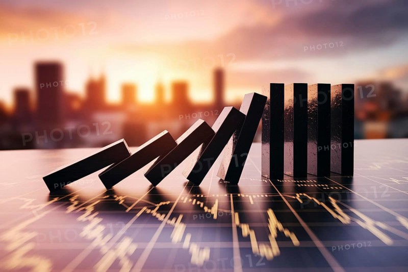 Black bricks falling like dominoes on financial chart. Concept of market collapse, chain reaction, and economic instability. Generative AI, AI generated