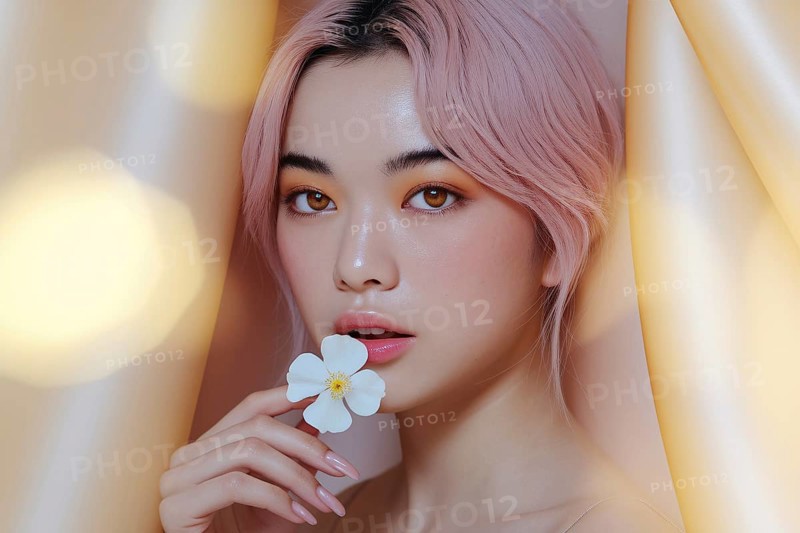 Asian woman with pink hair with flawless skin holding white blossom. Elegant beauty portrait with soft golden bokeh. Generative Ai, AI generated