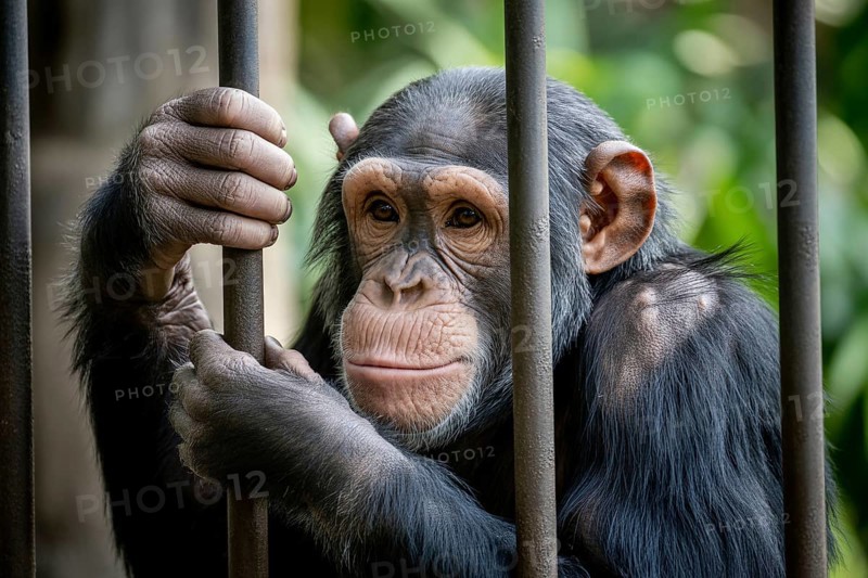 A sad chimpanzee sits behind bars in a zoo enclosure reflecting captivity and animal welfare concer. generative ai, AI generated