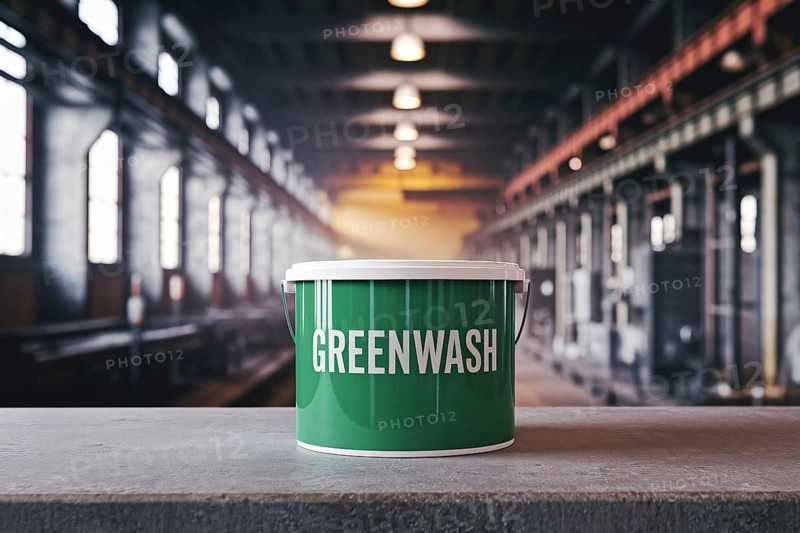A green paint bucket labeled Greenwahs contrasts with the gritty industrial factory background to highlight environmental deception and greenwahsing. Generative ai, AI generated