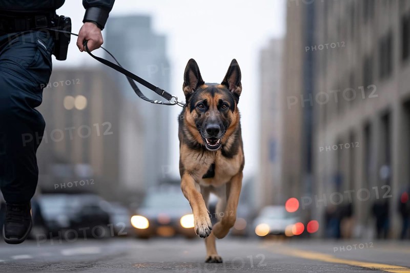 German Shepherd police dog on leash in sprint. Action-packed side view capturing strength, focus, and urban urgency. Generative ai, AI generated
