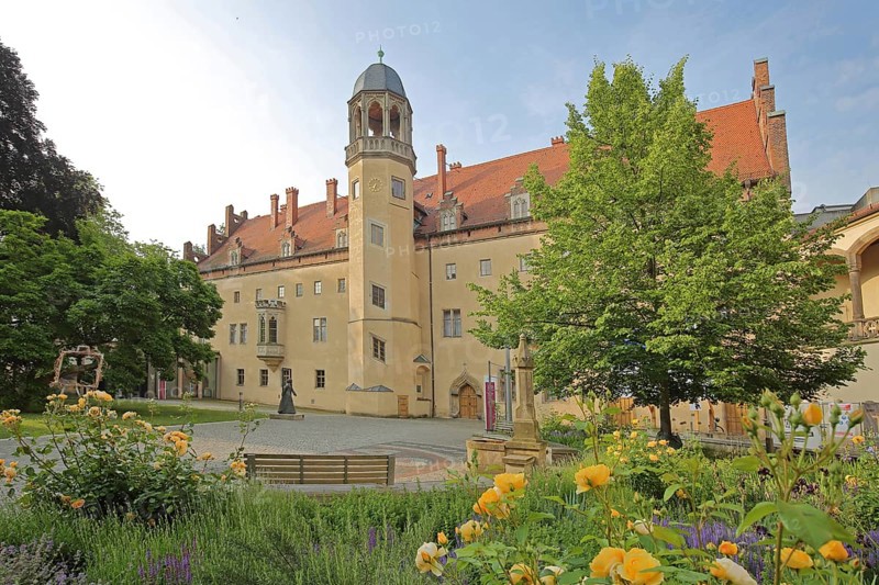 Inner courtyard of the Luther House, residence of Martin Luther built in 1503, UNESCO, floral decoration, idyll, Augusteum, Luther House, Luther city Wittenberg, Fläming, Saxony-Anhalt, Germany