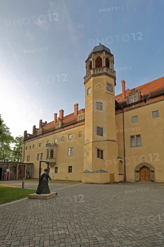 UNESCO Luther House, Martin Luther's home built in 1503, inner courtyard with memorial to Katharina von Bora, woman of Martin Luther, Augusteum, Luther city Wittenberg, Fläming, Saxony-Anhalt, Germany