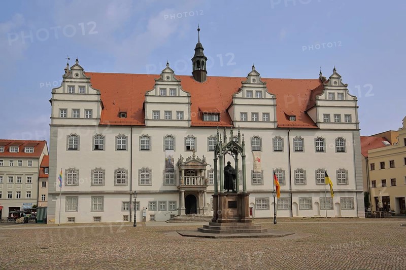 Old Town Hall with Luther Monument, Martin Luther, monument, Renaissance, market square, Luther city Wittenberg, Fläming, Saxony-Anhalt, Germany