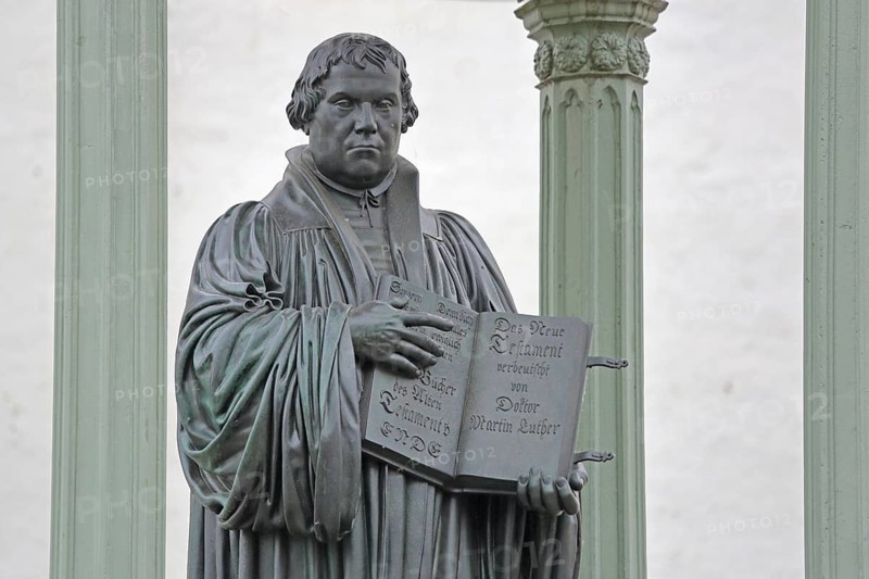 Luther monument with Bible and New Testament, Martin Luther, inscription, hands, carry, open, open, present, market square, Luther city Wittenberg, Fläming, Saxony-Anhalt, Germany