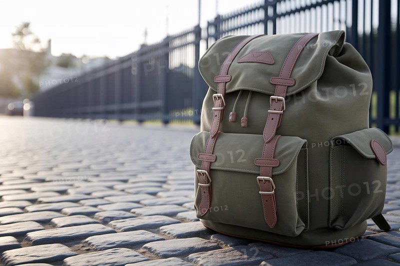 Large backpack lying on empty road, symbolizing journey or travel. Generative ai, AI generated