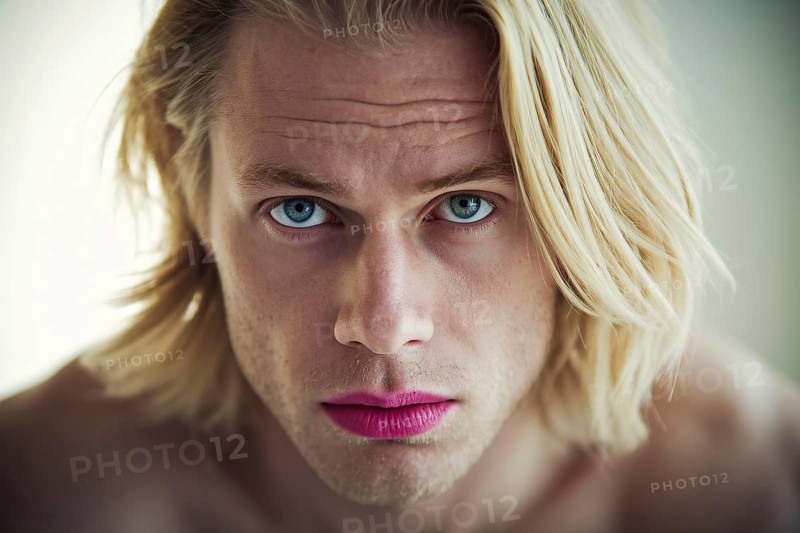 Caucasian blond man with doubtful look wearing pink lipstick. Generative Ai, AI generated