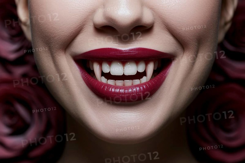 Close up of woman's mouth with burgundy red lipstick and long vampire fangs. Generative Ai, AI generated
