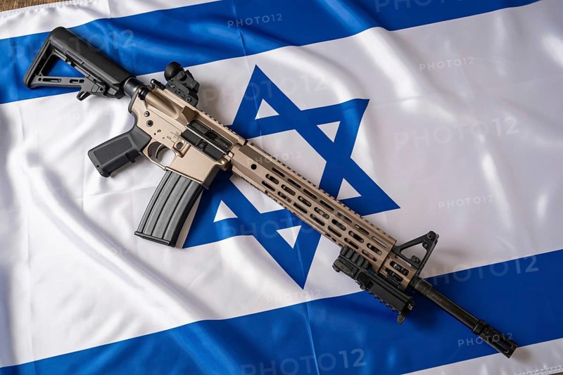 Modern military rifle placed on Israeli flag. Symbol of nationalism, power, and conflict. Generative ai, AI generated