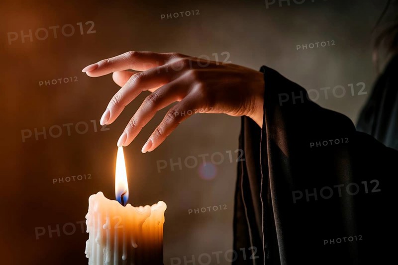 Hand above flickering candle flame. A moment of witchcraft, mystery, and feminine power. Generative ai, AI generated