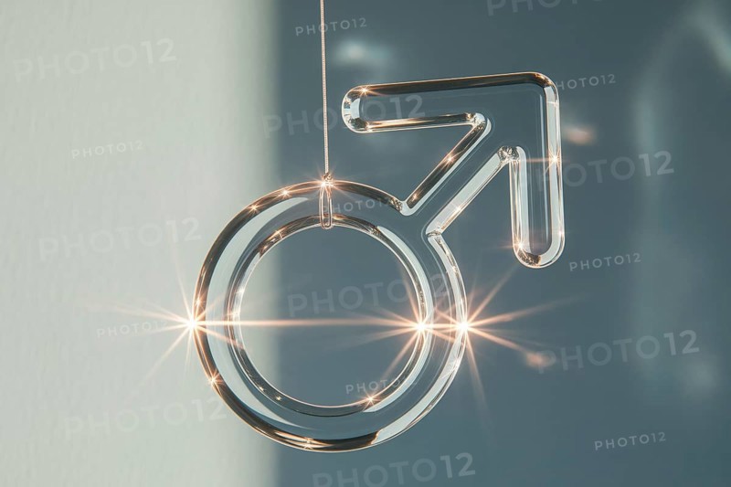 Male gender symbol made out of glass symbolizing fragile masculinity. Generatrive ai, AI generated