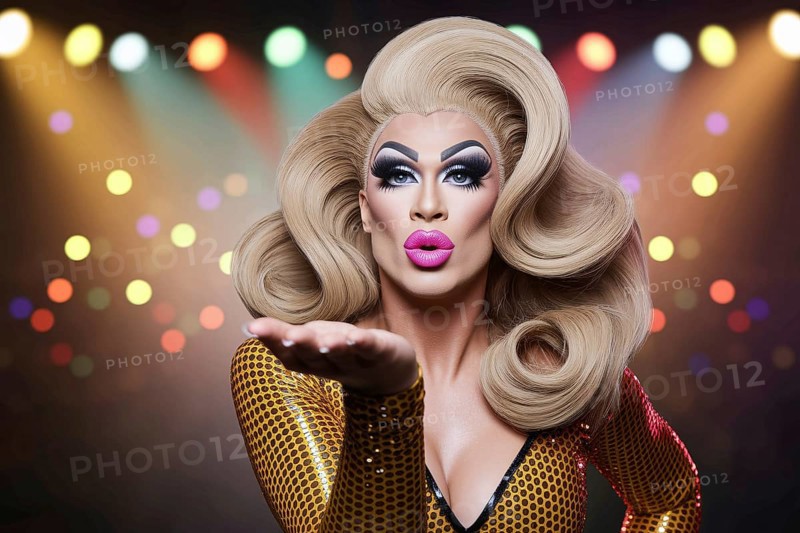 Drag queen blowing a kiss under nightclub lights. A glamorous portrait of self-expression and pride. Generative ai, AI generated