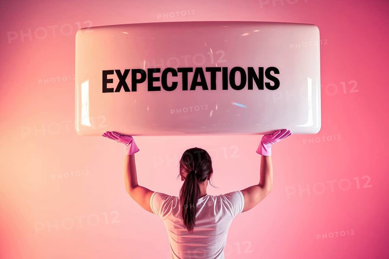 Woman straining under block labeled expectations with pink gloves, symbolizing gender stereotypes and social pressure. Generative AI, AI generated