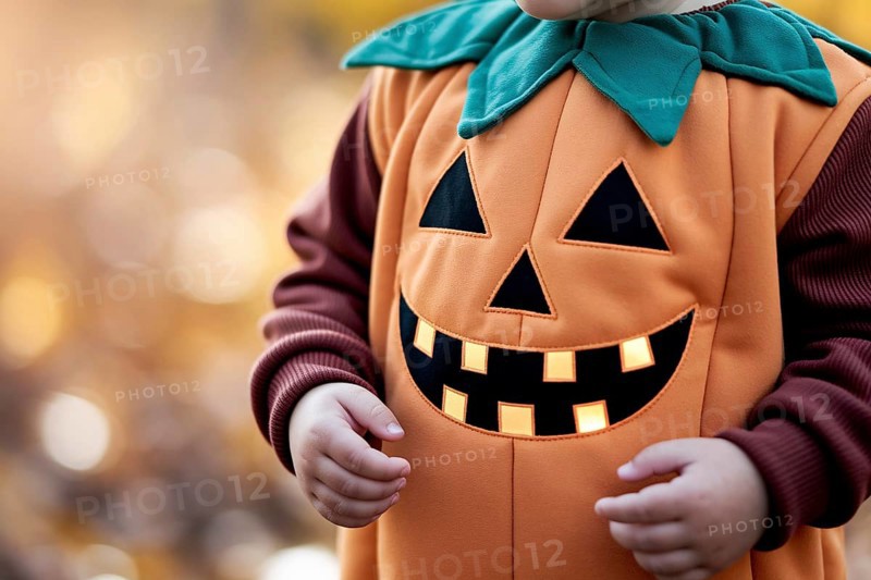 Close up Jack-o'-lantern face on child's pumpkin costume. Concept of Halloween detail, seasonal charm, and playful autumn celebration. Generative Ai, AI generated