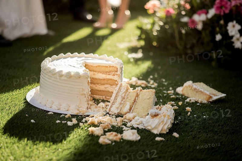 Shattered wedding cake lies in disarray on lush green lawn in warm golden sunlight. Generative ai, AI generated