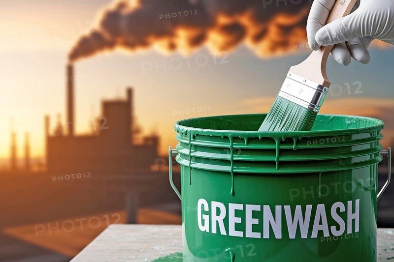 Greenwahsing concpet. Gloved hand stirs greenwash paint in front of smoking factory background. Generative ai, AI generated