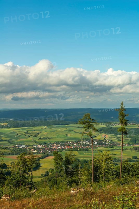 GEO nature park Park Frau Holle Land am Meissner, view from the coal road into the Berka valley, agriculture, fields, forests, places, fir trees, low mountain range, legendary figure, home of the fairy tale, blue sky, clouds, district of Kassel, Fulda Werra Bergland, Germany