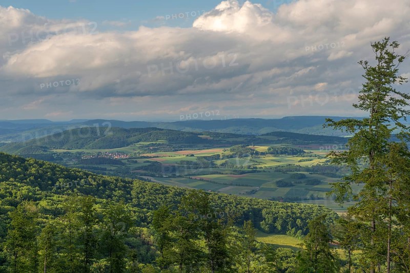 GEO nature park Park Frau Holle Land am Meissner, view from the coal road into the Berka valley, agriculture, fields, forests, village, fir trees, low mountain range, legendary figure, home of the fairy tale, blue sky, clouds, district of Kassel, Fulda Werra Bergland, Germany