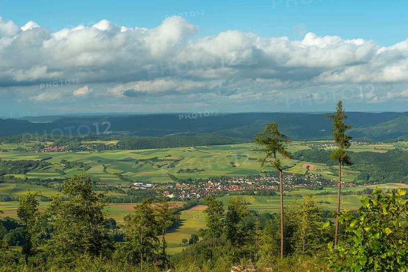 GEO nature park Park Frau Holle Land am Meissner, view from the coal road into the Berka valley, agriculture, fields, forests, places, fir trees, low mountain range, legendary figure, home of the fairy tale, blue sky, clouds, district of Kassel, Fulda Werra Bergland, Germany